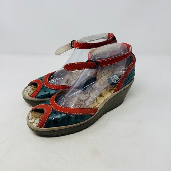 Fly London Ydel Teal and Red Leather Wedge Sandals Size 39 - Picture 1 of 13